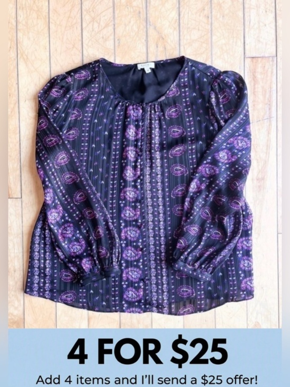 Laura Petite Sheer Paisley Black & Purple Print Blouse Size 14